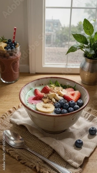 Obraz Smoothie bowl with fruit toppings sits on a cloth next to a smoothie drink