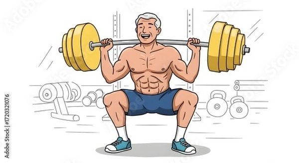 Obraz Fit and active senior man performing a barbell squat exercise in a gym, showcasing strength and vitality