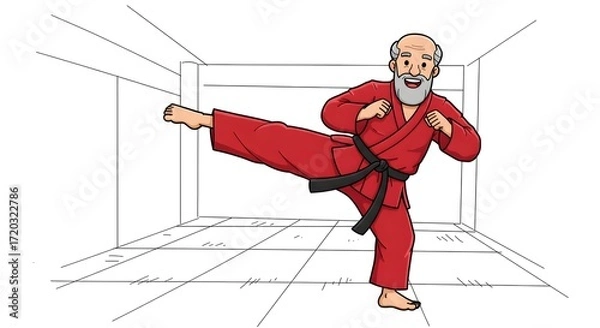 Obraz Elderly Man in Red Karate Gi Practicing a High Kick in a Dojo Setting