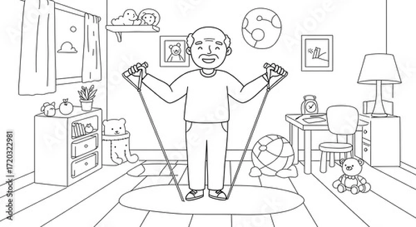 Obraz Senior man exercising with resistance bands in a cozy room, promoting healthy lifestyle and active aging