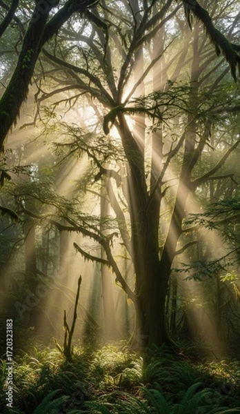Obraz Sunbeams filter through a mosscovered forest highlighting the lush foliage and a prominent tree