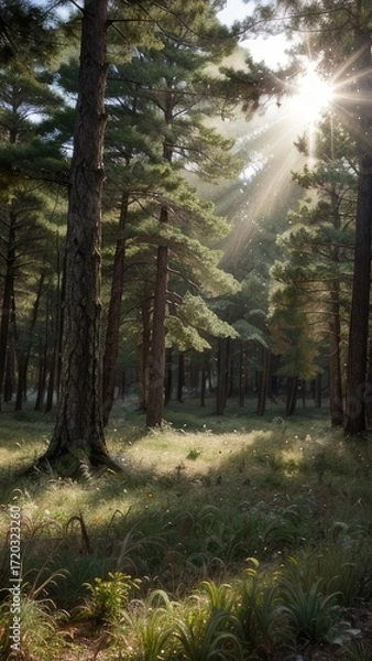 Obraz Sunlit forest tall trees grassy floor dappled light