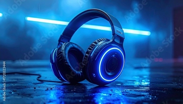 Fototapeta Over-ear headphones with glowing blue LED lights on wet surface, set against moody blue-purple background for a futuristic tech vibe.