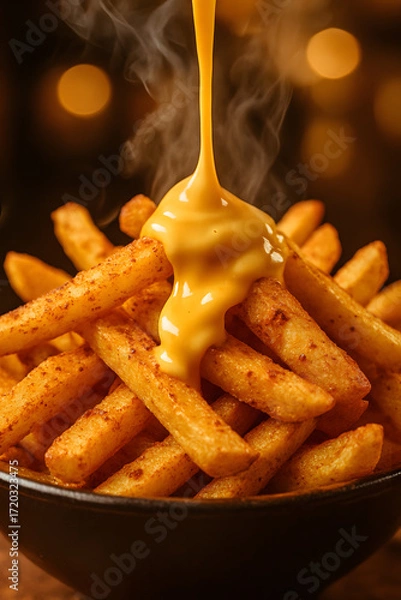 Fototapeta Golden fries cascade in cheese, steam rises, a culinary delight. The fries are seasoned and served in a dark bowl with warm light.