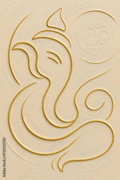 Fototapeta An abstract golden rendering on a cream background. The design is based on a classical religious figure with an Om symbol at the top right.