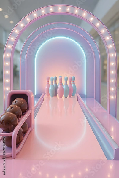 Fototapeta Whimsical bowling alley in pastel tones with lights, bowling balls, and pins on a pink lane surrounded by arched frames, creating a fun atmosphere.