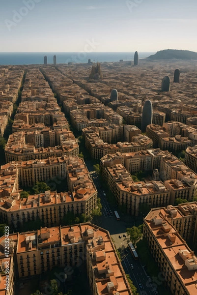 Fototapeta Urban panorama: Cityscape with unique architectural styles and the sea in the background, offering an expansive and complex composition.