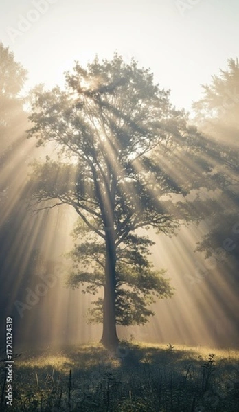 Obraz Sunbeams illuminate a tall tree in a misty forest creating a dramatic ethereal effect