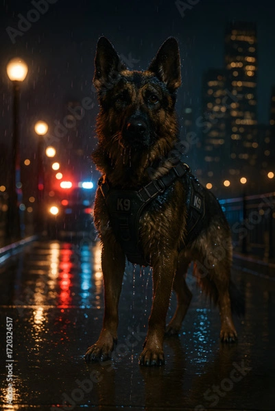 Fototapeta K-9 officer stands guard in a rainy city. The loyal companion is ready to protect and serve, even in the darkest conditions.