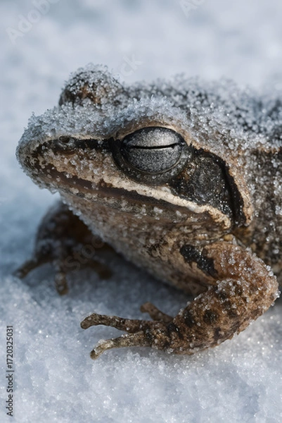 Fototapeta Close-up of a frog partially covered in ice crystals, resting on a snowy surface, showcasing the resilience of nature in winter.