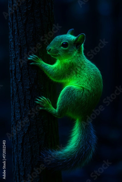 Fototapeta A radiant, green squirrel clings to a darkened tree trunk, its silhouette illuminated against the stark, shadowy background.