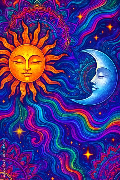 Fototapeta Psychedelic Sun & Moon: A vibrantly colored, surreal scene of celestial bodies, swirling colors, and a dreamlike cosmic backdrop.