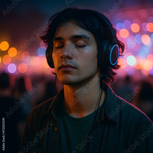 Fototapeta Immersed in Sound: A young person closes their eyes, finding solace in music amidst the vibrant lights of a lively event.