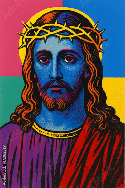 Fototapeta Stylized portrait of a religious figure with a crown of thorns, set against a vibrant geometric background. Colorful & symbolic.