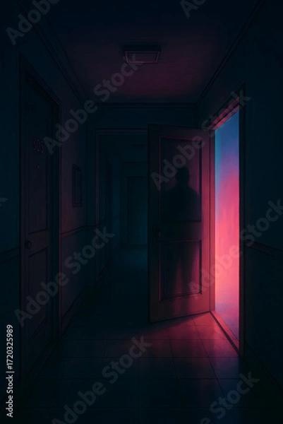 Fototapeta An open door reveals a stunning pink and blue sky, contrasting with the dark corridor, creating a mysterious and intriguing atmosphere.