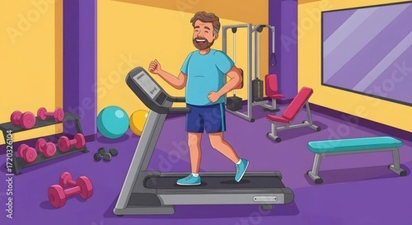 Obraz Smiling man exercising on a treadmill in a modern gym, embodying a healthy and active lifestyle with various fitness equipment surrounding him