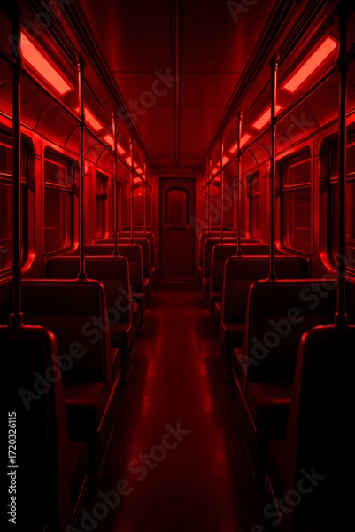Fototapeta Eerie glow illuminates an empty transit car. Deep reds create a sense of foreboding in this image of urban transport.