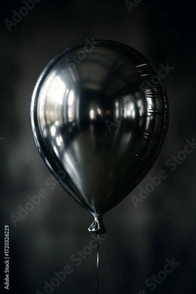 Fototapeta A luminous silver balloon floats gracefully against a muted charcoal backdrop, reflecting ambient light and offering a sleek, modern aesthetic.