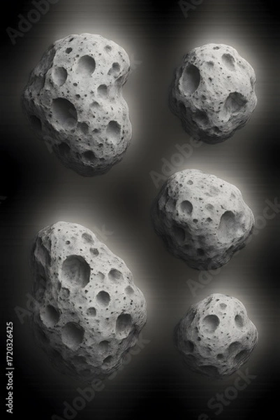 Fototapeta Collection of lunar meteorites shows a rough, pitted texture. Their surfaces are marked by impact craters, hinting at space journeys.