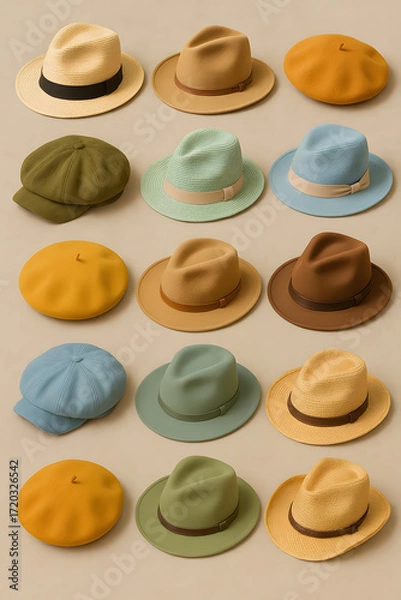 Fototapeta An artful collection of headwear with varying styles and textures, including fedoras, berets, and caps displayed on a neutral surface.