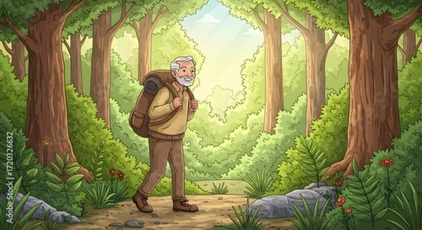 Obraz Senior Hiker Enjoying a Forest Trail Adventure and Nature's Beauty in the Woods