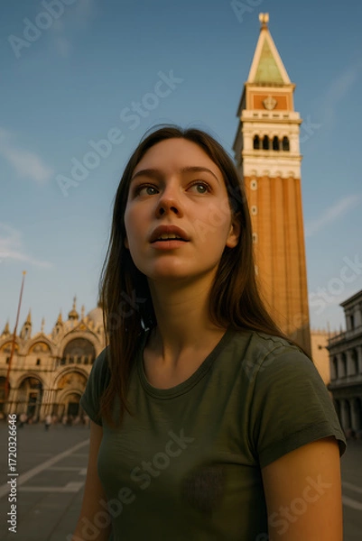 Fototapeta A young woman gazes up at the tower on a sunny day in Europe, lost in thought, with historic buildings surrounding her in the piazza.