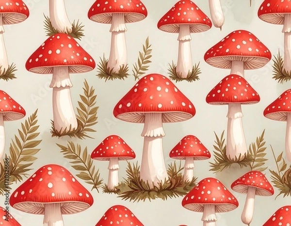 Obraz Seamless pattern of red toadstools with fern