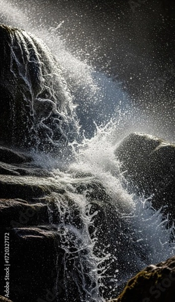 Obraz Water cascades over dark rocks creating a dynamic splash in sunlight