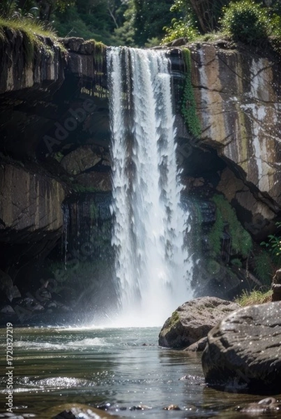 Obraz Waterfall cascading into a pool surrounded by rocks and vegetation
