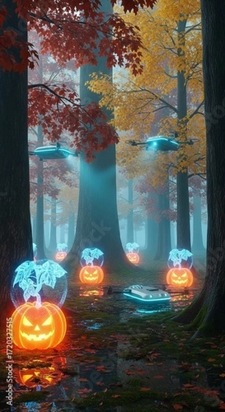 Fototapeta AI-Generated Forest Scene with Glowing Pumpkins and Environmental Data