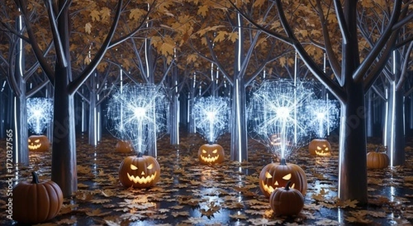 Fototapeta AI-Generated Forest Scene with Glowing Pumpkins and Environmental Data