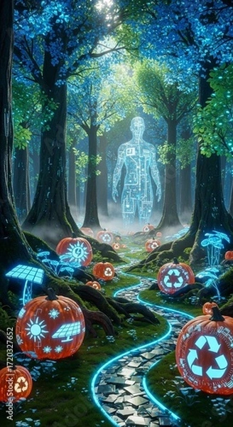 Fototapeta AI-Generated Forest Scene with Glowing Pumpkins and Environmental Data