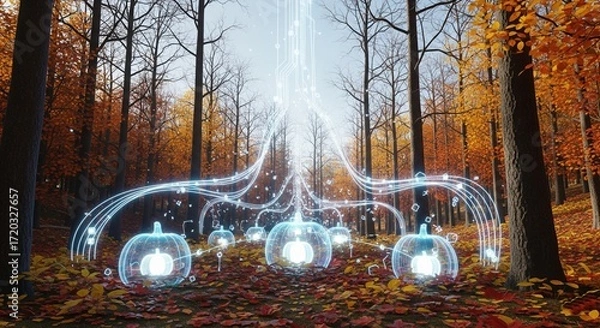 Fototapeta AI-Generated Forest Scene with Glowing Pumpkins and Environmental Data