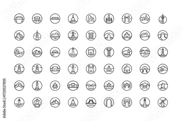 Fototapeta Vector art of collection of handdrawn outline icons showcasing various architectural landmarks and cityscapes, isolated a, ideal for travel and urban themes