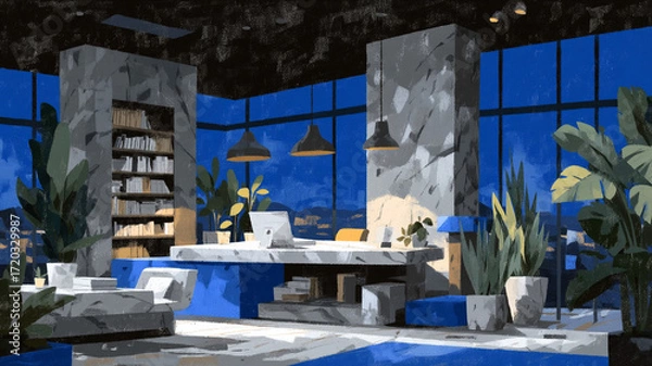 Obraz Office space, market predictions, data centre, workspace, prestigious office, illustration, modern, detailed, stock markets, business