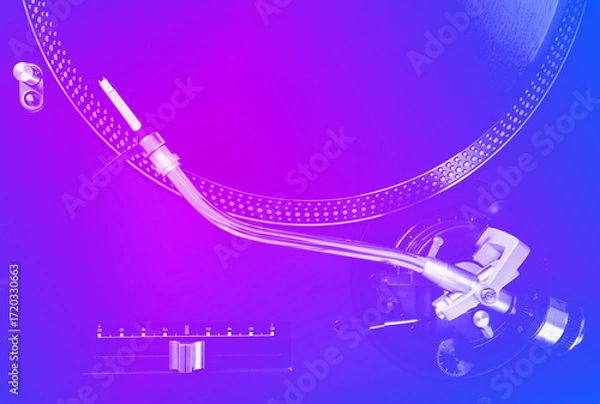 Fototapeta Turntable with black record and headshell, closeup. Neon gradient tone