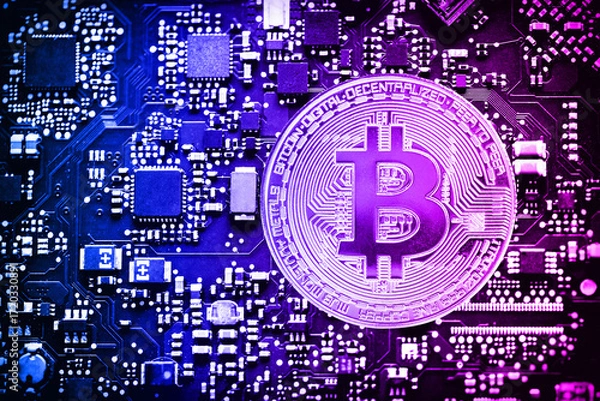 Fototapeta Digital currency bitcoin on computer chip. Neon gradient tone