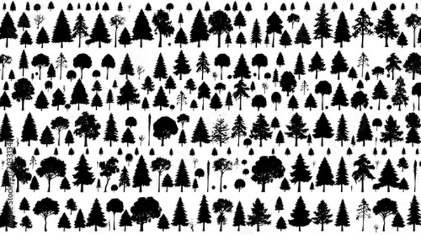 Fototapeta Monochrome catalog of trees, densely packed silhouettes arranged in meticulous neat rows, with a high contrast aesthetic that evokes a sense of scientific accuracy and artistic simplicity, each tree s