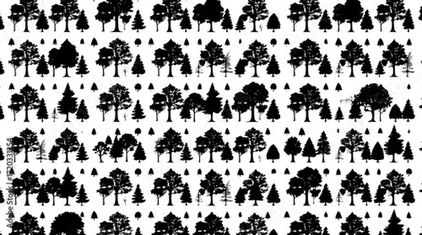 Fototapeta Monochrome catalog of trees, densely packed silhouettes arranged in meticulous neat rows, with a high contrast aesthetic that evokes a sense of scientific accuracy and artistic simplicity, each tree s