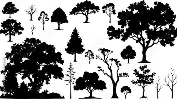 Fototapeta Vector-style illustration of multiple tree species, presented as black silhouettes on a pure white background, with minimal detail and uniform spacing to emphasize the structural variety of foliage, f