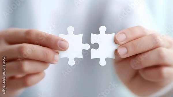 Fototapeta Close up of hands holding puzzle pieces symbol of teamwork collaboration and business success.
