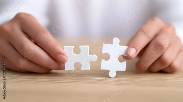 Fototapeta Hands connecting puzzle pieces symbol of unity teamwork and business collaboration.