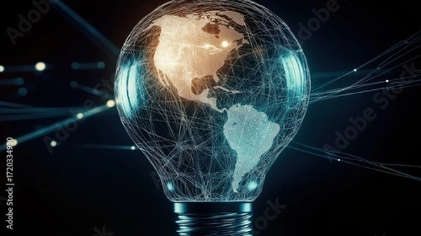 Fototapeta A hyper-realistic futuristic light bulb encapsulates a glowing globe interwoven with an electric power network—symbolizing global energy connectivity and innovation.