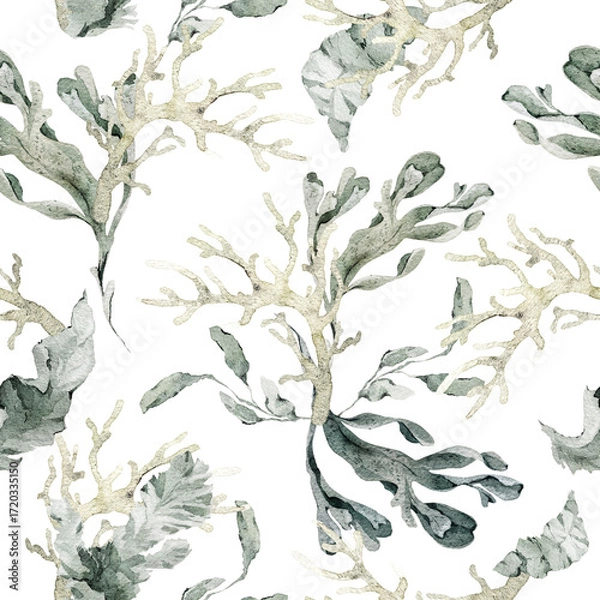 Obraz Watercolor seamless pattern with sea life – starfish, shells, octopus, corals, and seaweed. Ideal for textiles, wallpaper, beach and tropical designs, coastal interiors, and nautical decoration