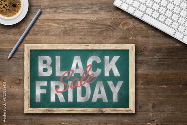 Fototapeta Chalkboard with text BLACK FRIDAY and gift boxes on white grunge table