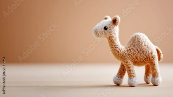Fototapeta Knitted camel toy with button eyes and soft texture standing on wooden surface with warm background 