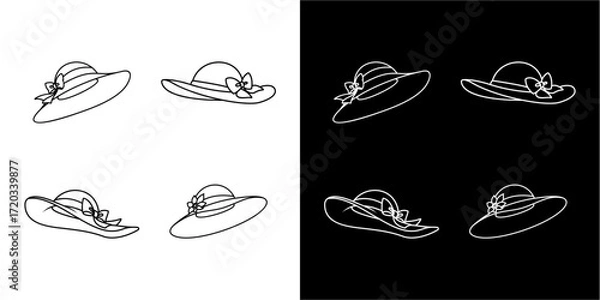 Fototapeta Four elegant sun hats, depicted in line art, arranged on contrasting backgrounds.