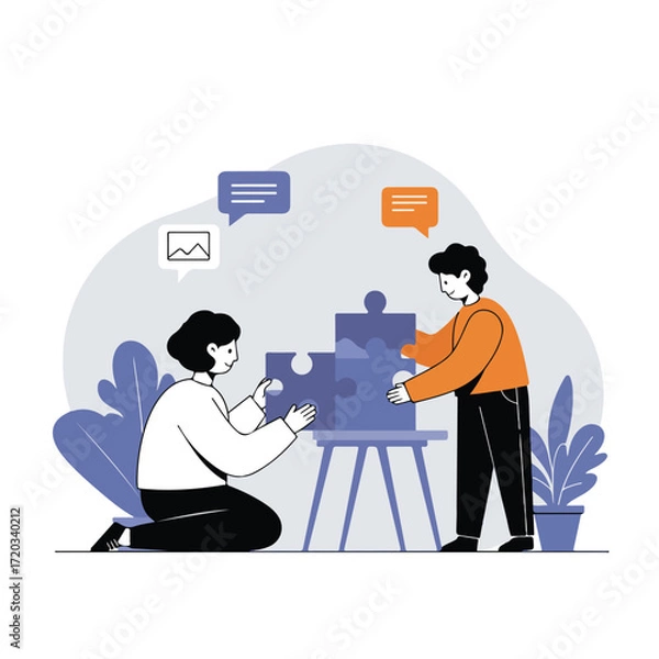 Fototapeta People solve jigsaw puzzle on table; communication bubbles