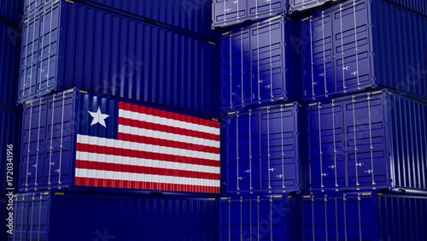 Fototapeta Cargo shipping container with liberia flag, shipping and freight transportation of liberia concept.
