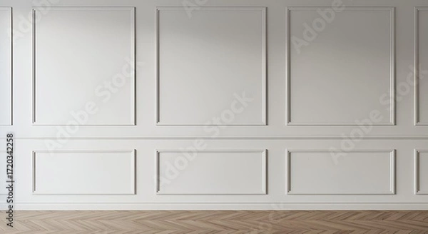 Fototapeta Room interior with white classic wall panel and wooden floor. Light background with luxury elegant molding frames. Realistic 3d vector illustration of home or office design with moulding and parquet